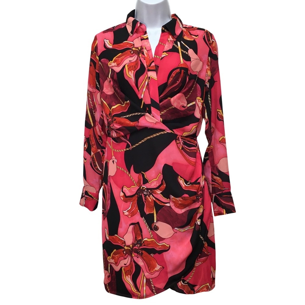 INC Floral Chain Faux Wrap Dress Women's PS Pink Bold Maximalist Career Chic